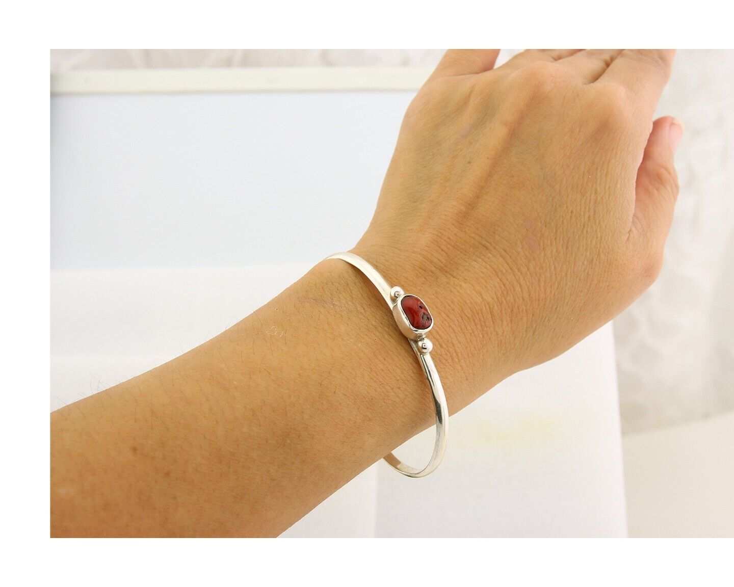 Navajo Bracelet .925 Silver Mediterranean Red Coral Cuff Native Artist C.80's