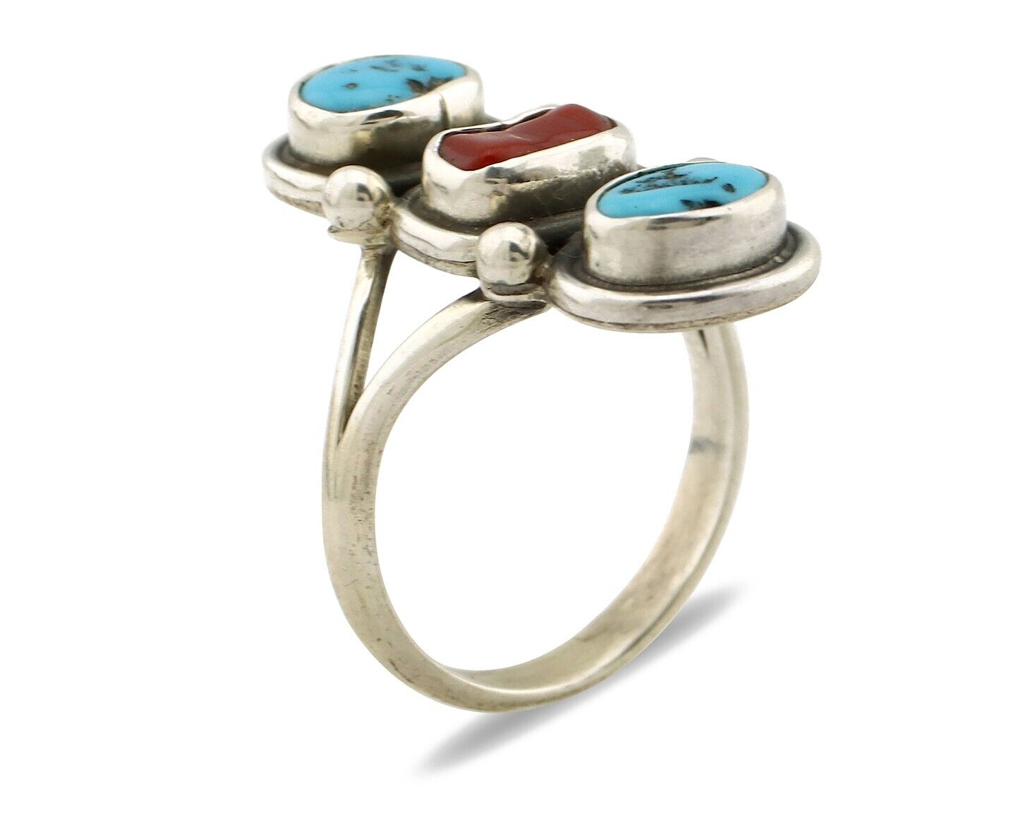Navajo Ring 925 Silver Sleeping B Turquoise & Coral Native American Artist C.80s