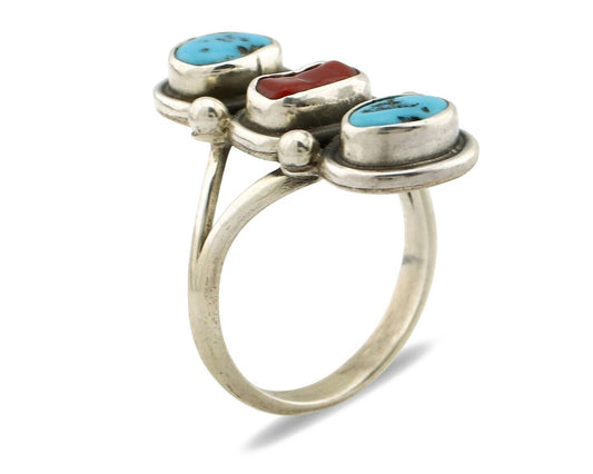 Navajo Ring 925 Silver Sleeping B Turquoise & Coral Native American Artist C.80s