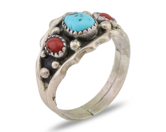 Navajo Ring 925 Silver Coral Turquoise Artist Signed SC C.80's