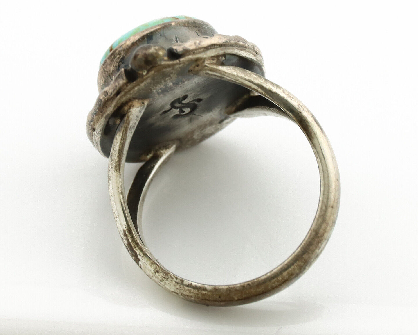 Navajo Ring .925 Silver Kingman Turquoise Artist Signed Gecko C.1980's