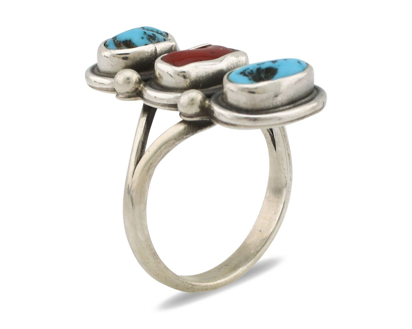 Navajo Ring 925 Silver Sleeping B Turquoise & Coral Native American Artist C.80s