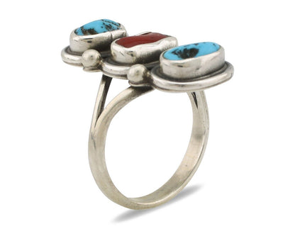 Navajo Ring 925 Silver Sleeping B Turquoise & Coral Native American Artist C.80s