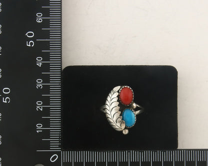 Navajo Ring 925 Sterling Natural Coral & Turquoise Signed BB C.80's Size 7.5