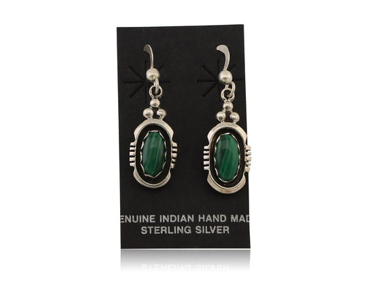 Navajo Dangle Earrings 925 Silver Natural Malachite Native American Artist C.80s