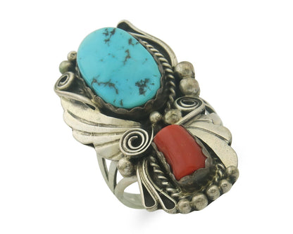 Navajo Ring 925 Sterling Natural Coral & Turquoise Signed JM C.80's Size 9.0