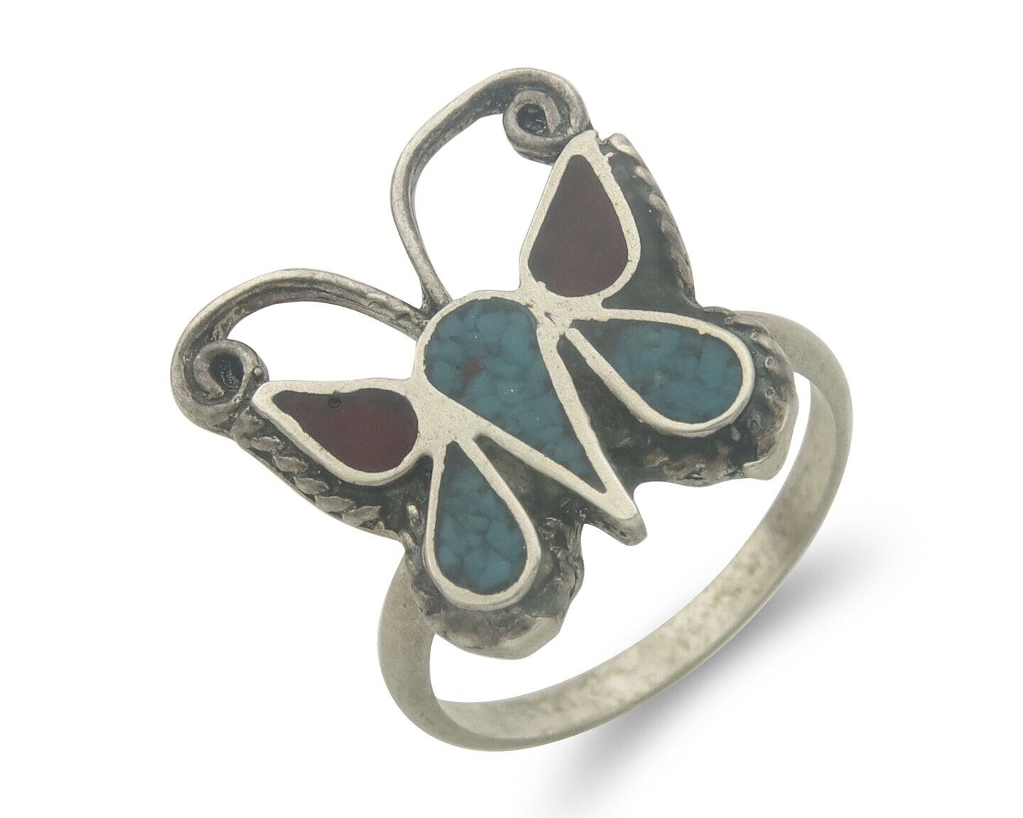 Navajo Ring 925 Silver Inlaid Butterfly Turquoise & Coral C.80's Size 5.5