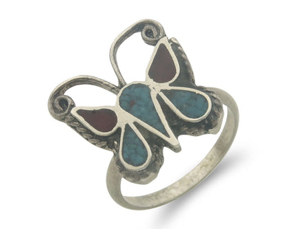 Navajo Ring 925 Silver Inlaid Butterfly Turquoise & Coral C.80's Size 5.5