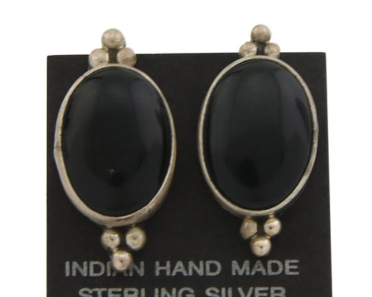Navajo Earrings 925 Silver Handmade Natural Black Onyx Signed NAKAI C.80's