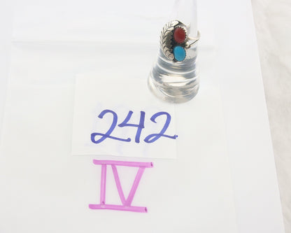 Navajo Ring 925 Sterling Natural Coral & Turquoise Signed BB C.80's Size 5.25