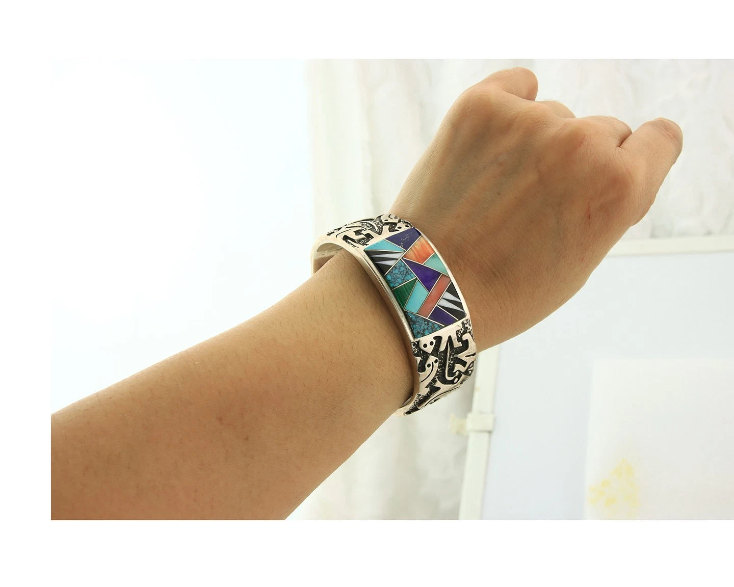 Navajo Cuff Bracelet Sterling Silver Natural Gemstone Signed Wilbert Muskett