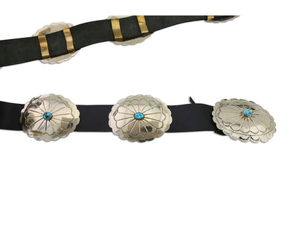 Navajo Handmade Concho Belt Turquoise 925 Silver Signed RS Arrow C.80's