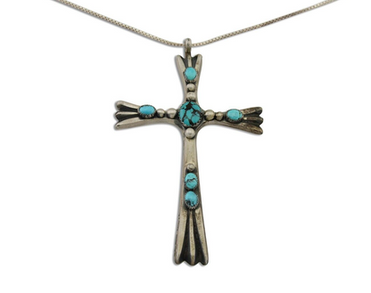 Navajo Sand Cast Cross Pendant 925 Silver Turquoise Signed RJ SILVERSMITHS C.80s