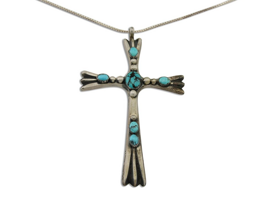 Navajo Sand Cast Cross Pendant 925 Silver Turquoise Signed RJ SILVERSMITHS C.80s