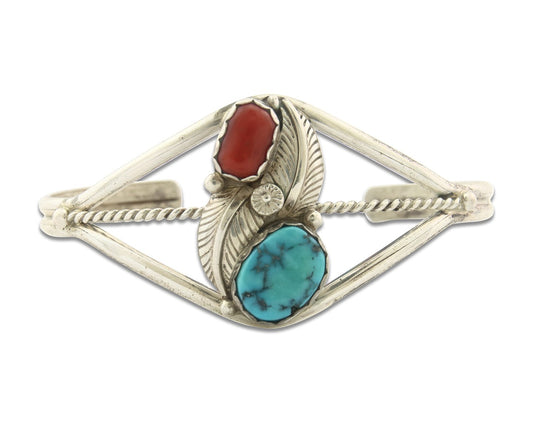 Vintage Navajo Bracelet 925 Silver Red Coral Turquoise Signed Paul J