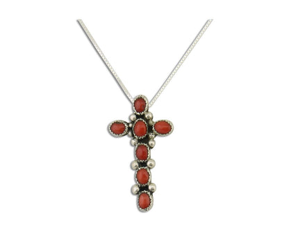 Navajo Cross Necklace 925 Silver Mediterranean Coral Native American Artist C80s