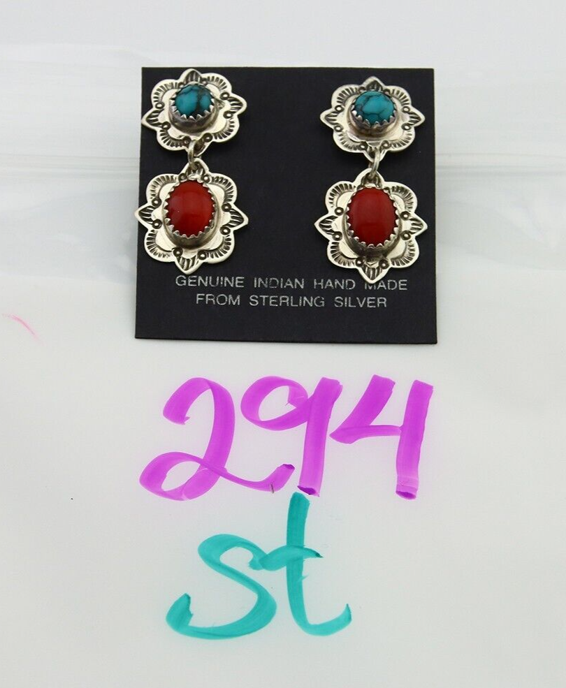 Navajo Earrings 925 Silver Turquoise & Coral Artist Signed Mary Ellen C.80's