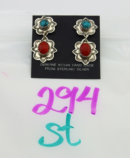Navajo Earrings 925 Silver Turquoise & Coral Artist Signed Mary Ellen C.80's