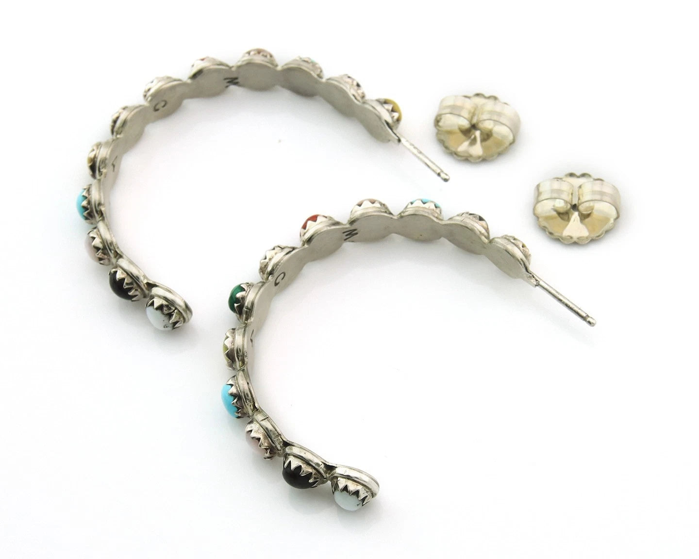 Navajo Hoop Earrings Sterling Silver Natural Gemstones Vintage Signed MCA