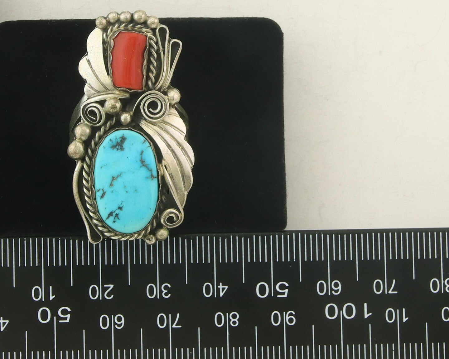 Navajo Ring 925 Sterling Natural Coral & Turquoise Signed JM C.80's Size 9.0