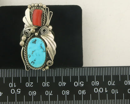 Navajo Ring 925 Sterling Natural Coral & Turquoise Signed JM C.80's Size 9.0