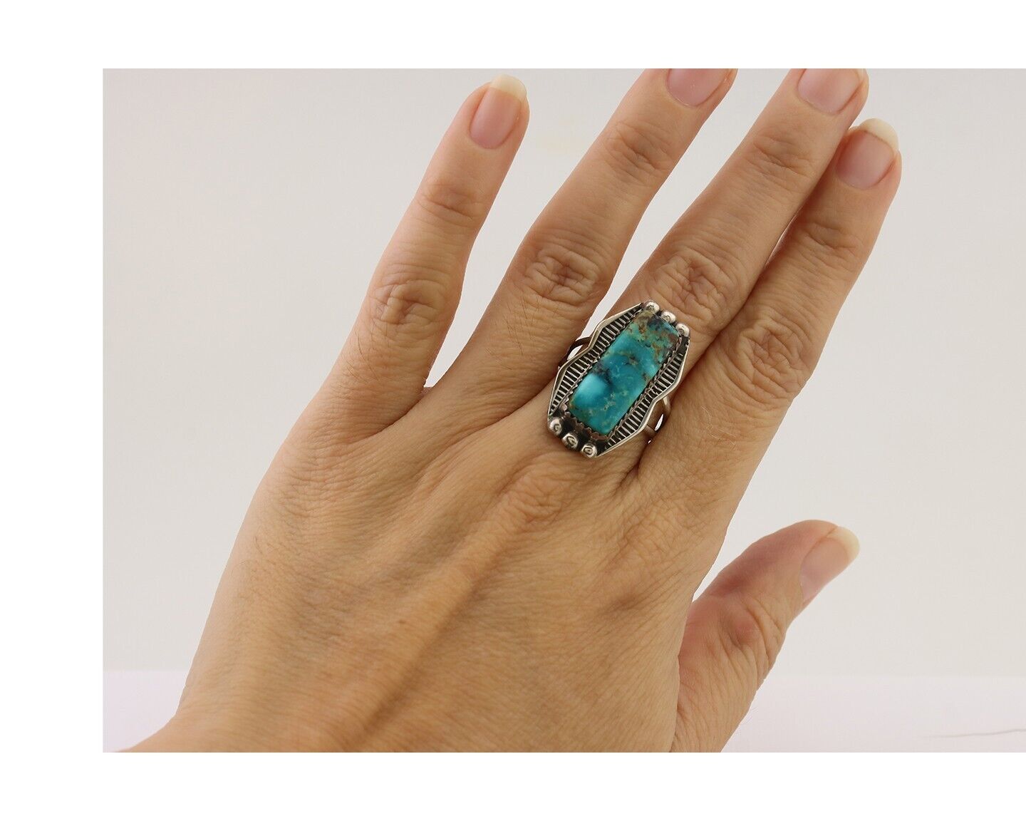 Navajo Ring 925 Silver Natural Blue Turquoise Artist Signed Doug Zachary C.80's