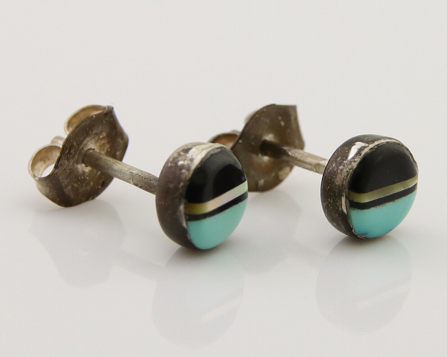 Navajo Earrings 925 Silver Inlaid Natural Onyx & Turquoise Native American C.80s