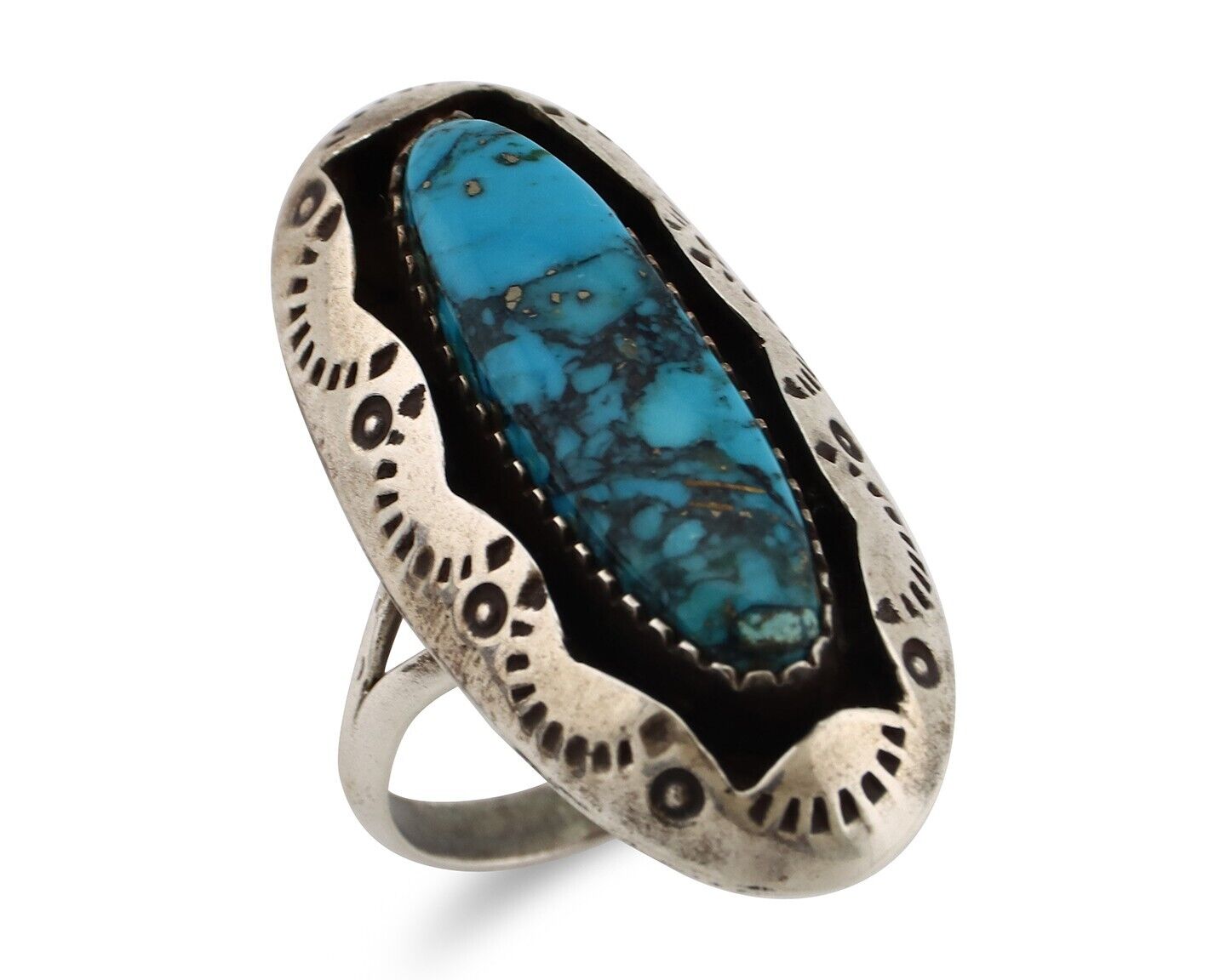 Navajo Ring 925 Silver Blue Spiderweb Turquoise Native American Artist C.80's