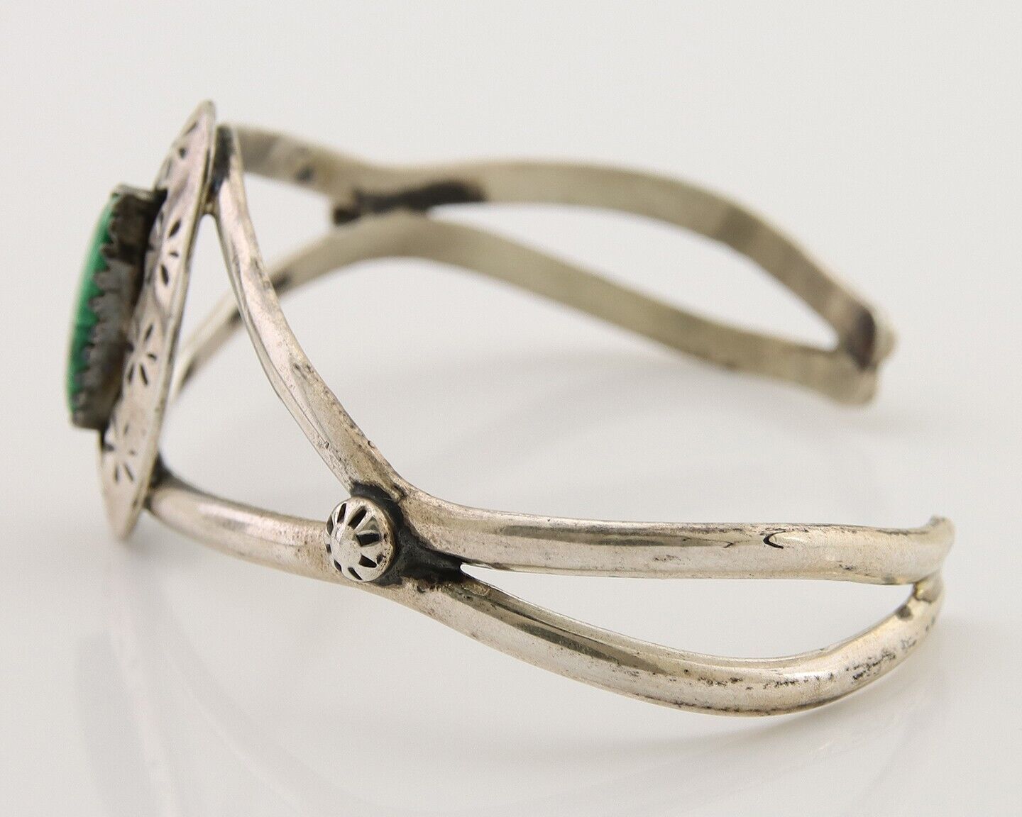 Navajo Hand Stamped Cuff Bracelet Malachite 925 Silver Artist Signed IJC C.80's