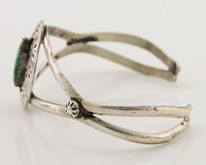 Navajo Hand Stamped Cuff Bracelet Malachite 925 Silver Artist Signed IJC C.80's