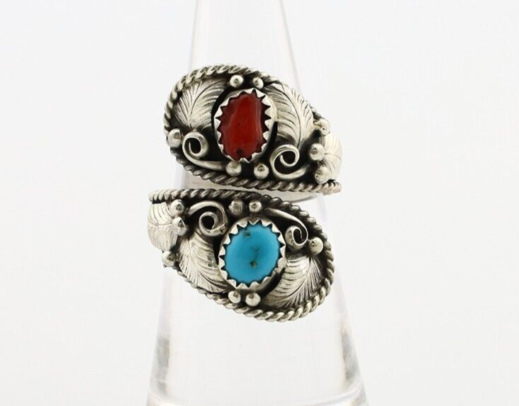 Navajo Adjustable Ring 925 Silver Turquoise & Coral Artist Signed Gecko C.80's