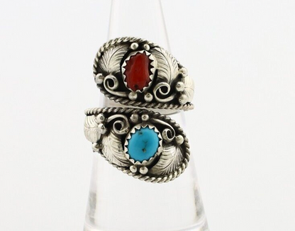 Navajo Adjustable Ring 925 Silver Turquoise & Coral Artist Signed Gecko C.80's