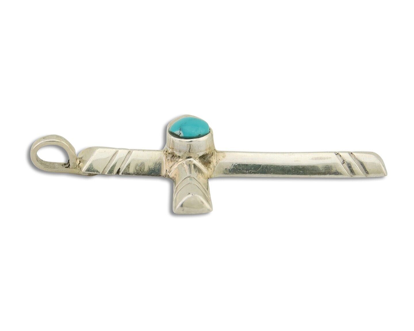Navajo Sand Cast Cross Pendant 925 Silver Turquoise Artist Signed J Yazzie C.80s