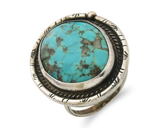 Navajo Ring 925 Sterling Natural Mined Turquoise Signed Wild Bear C.80's Size 11