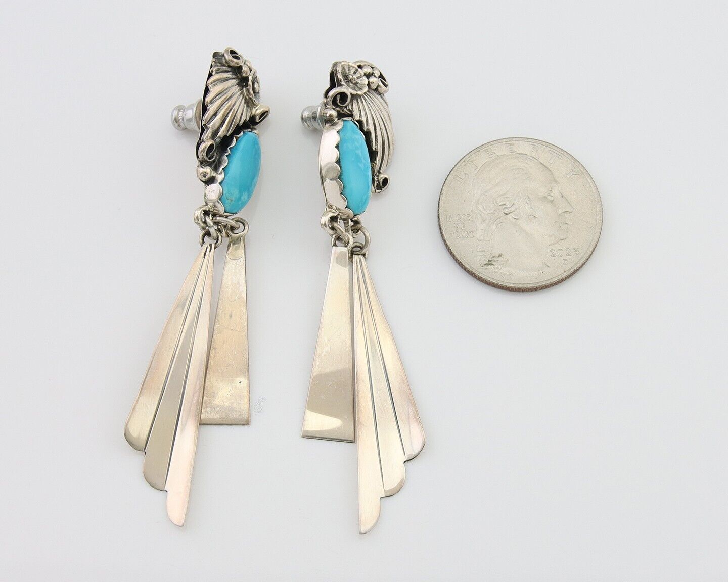Navajo Dangle Earrings 925 Silver Natural Blue Turquoise Artist Signed M.S. C80s