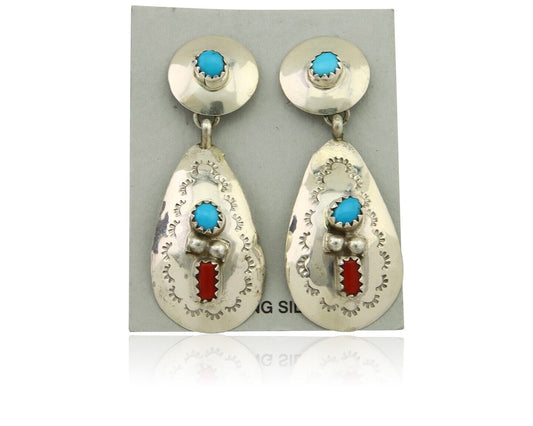 Navajo Earrings 925 Silver Turquoise & Coral Artist Signed Leeann Lee C.80's