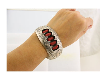 Navajo Bracelet .925 Silver Red Coral Cuff Artist Signed P Benally C.80's