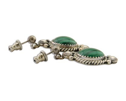Navajo Handmade Earrings 925 Silver Malachite Native American Artist C.80's