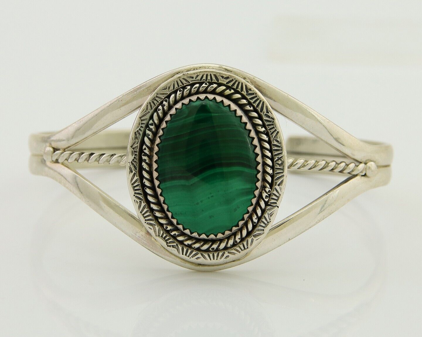 Navajo Cuff Bracelet Natural Malachite 925 Silver Native American Artist C.80s