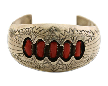 Navajo Bracelet .925 Silver Red Coral Cuff Artist Signed P Benally C.80's