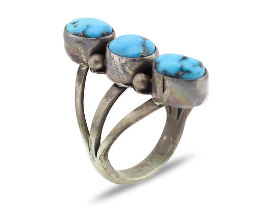 Navajo 3 Stone Ring 925 Silver Turquoise Native American Artist C.80's