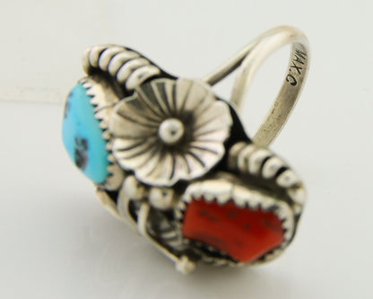 Navajo Handmade Ring 925 Silver Coral & Turquoise Signed Circle Max C.80's