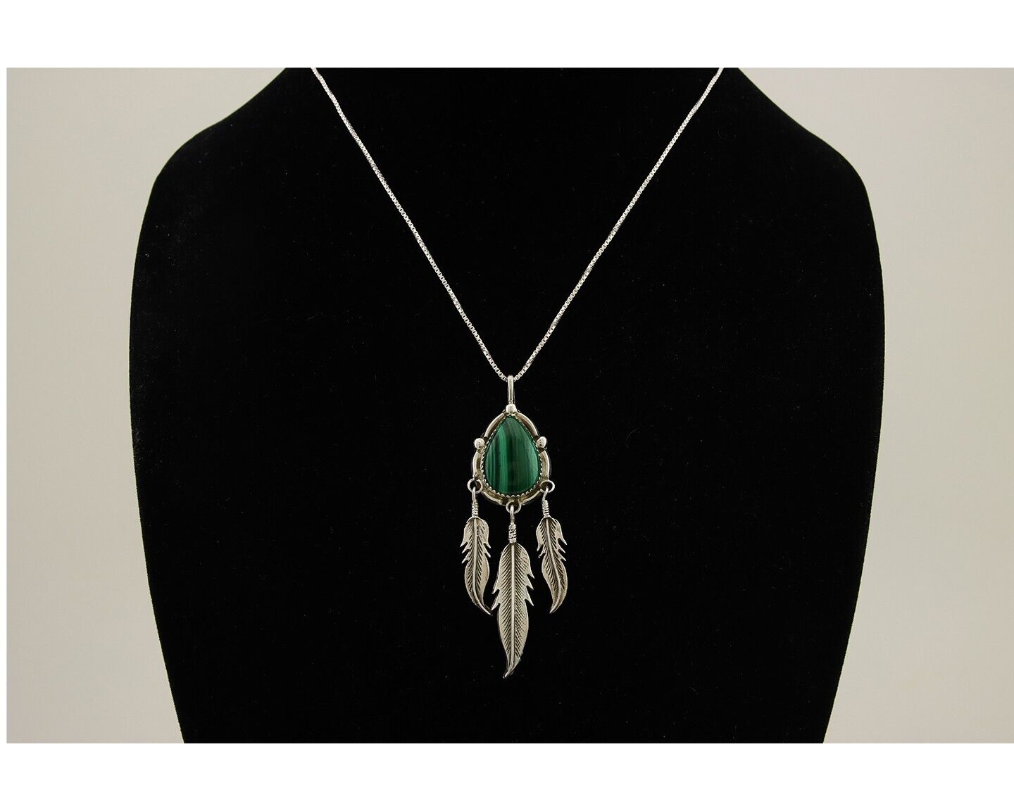 Large Navajo Pendant 925 Silver Natural Malachite Native American Artist C.80's