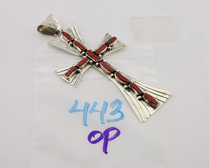 Large Navajo Cross Pendant 925 Silver Mediterranean Coral Artist Signed JB C.80s