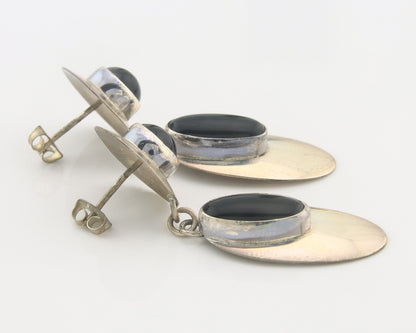 Navajo Earrings Sterling Silver Natural Onyx Dangle Vintage Handmade