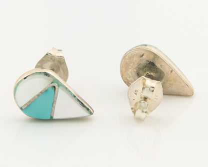 Navajo Earrings Sterling Silver Inlaid Turquoise & MOP Vintage Handmade