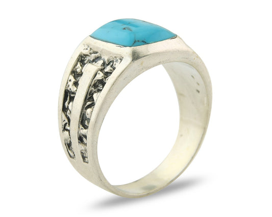 Men Vintage Nugget Ring 925 Sterling Turquoise Artist Signed SC Size 10