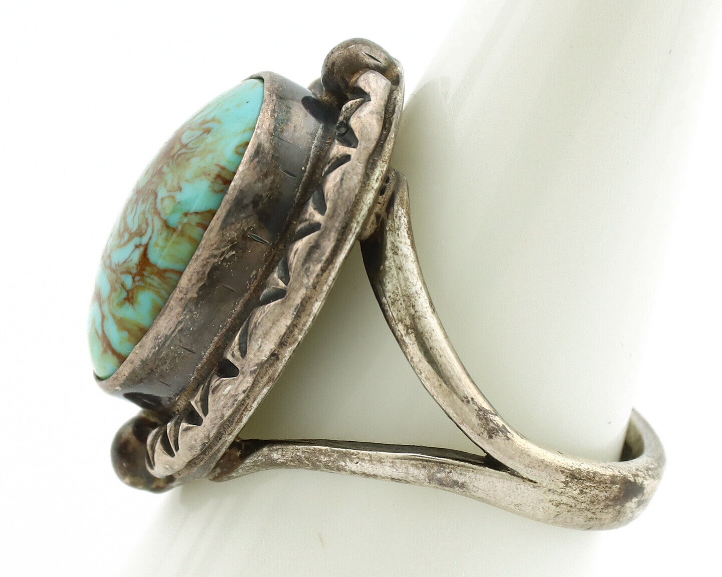 Navajo Ring .925 Silver Kingman Turquoise Artist Signed Gecko C.1980's