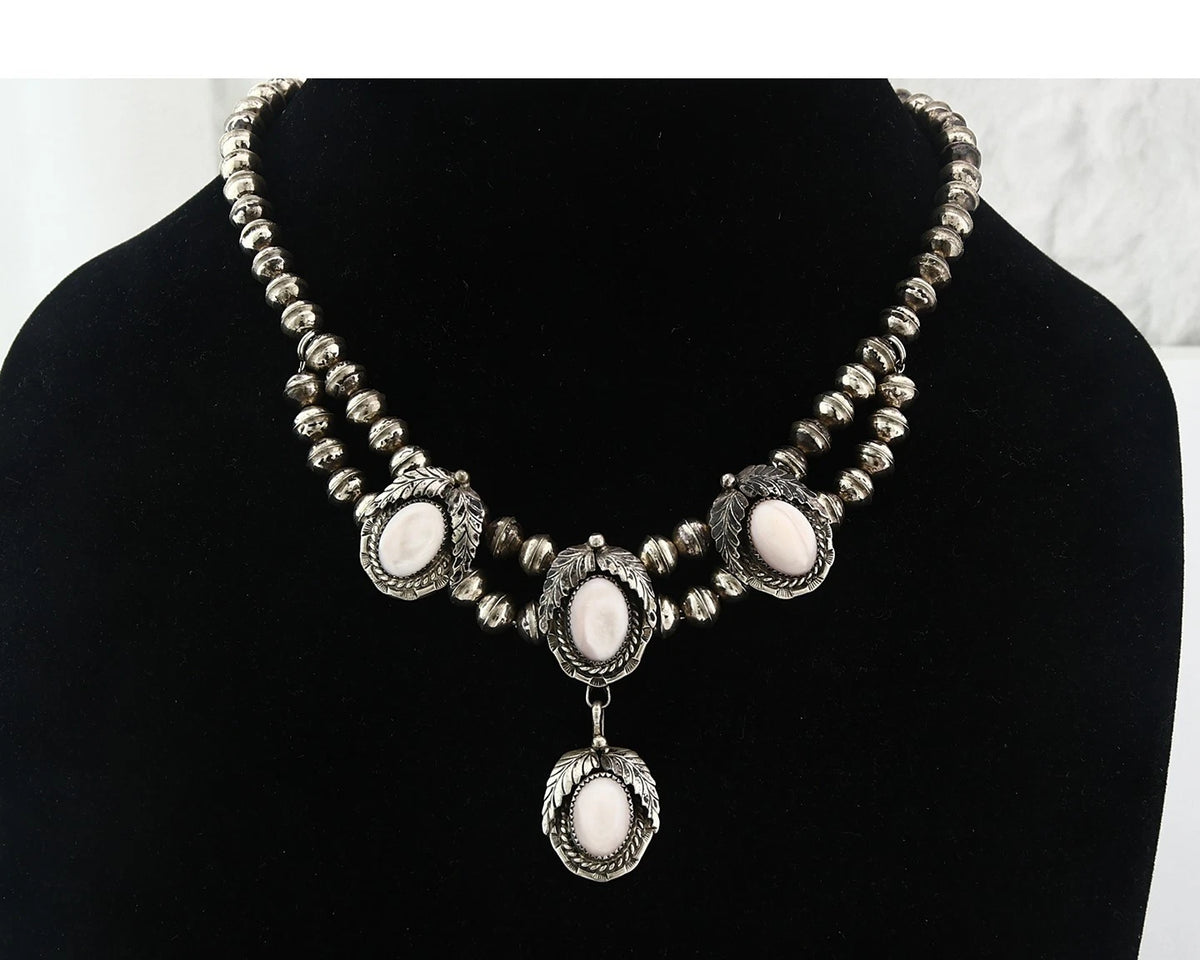 Navajo Squash Necklace Sterling White Shell Vintage Handmade Signed Manygoats