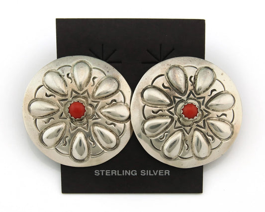 Navajo Concho Earrings Sterling Silver Natural Coral Vintage